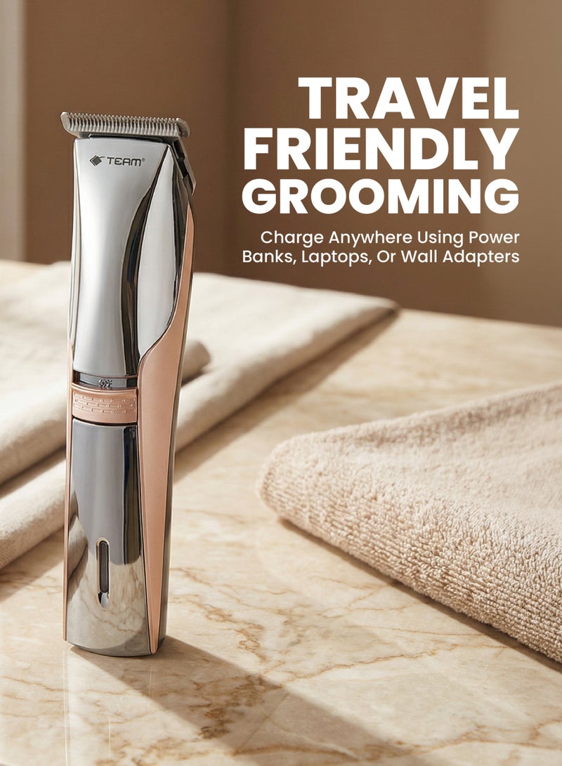 تيم Team Waterproof Rechargeable Hair & Beard Trimmer for Men | Titanium Blade | Low‑Noise Cordless Grooming Kit | 60 Min Runtime | Fast Charging | Ergonomic Design | Professional Precision Trimmer - Image 4